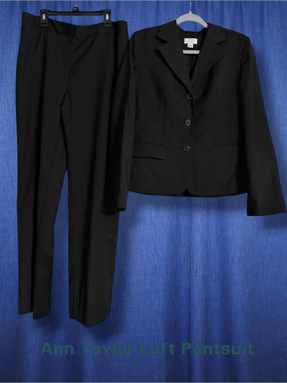 LOFT Black/Blue pin Stripes 2-Piece Tailored Pantsuit - Blazer & Straight Pants